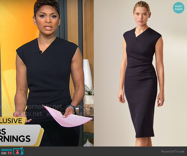 The Fold London Valerio Sleeveless Dress Navy Sculpt Knit worn by Jericka Duncan on CBS Mornings