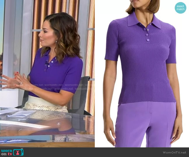 Theory Rib Sweater Polo in Bright Peony worn by Rebecca Jarvis on Good Morning America