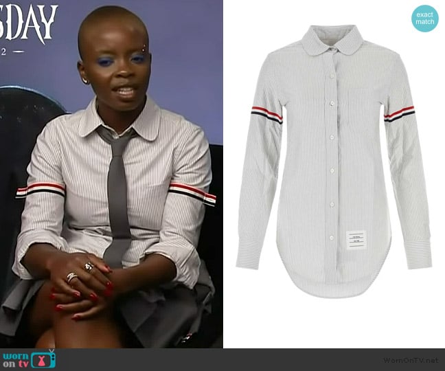 Thom Browne Vertical-stripe RWB-detail shirt worn by Joy Sunday on Access Hollywood