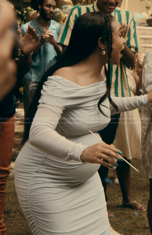 Tiffany’s blue off shoulder dress on The Chi