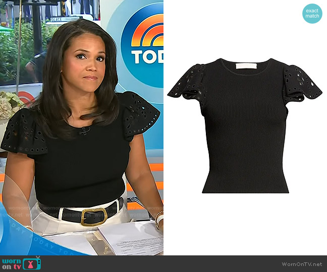 Ulla Johnson Edith Ruffle Sleeve Knit Top in Noir worn by Laura Jarrett on Today