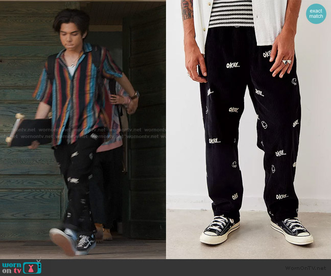 Urban Outfitters Smiley Faces Embroidered Corduroy Trousers worn by Lee Garcia (Myles Perez) on My Life with the Walter Boys