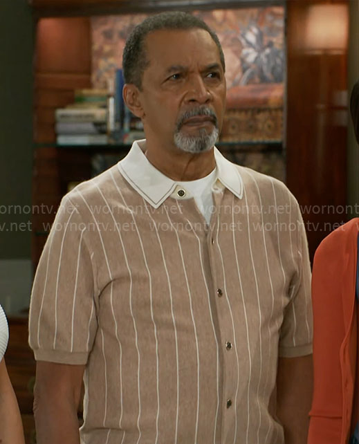 Vernon’s beige striped shirt on Beyond the Gates