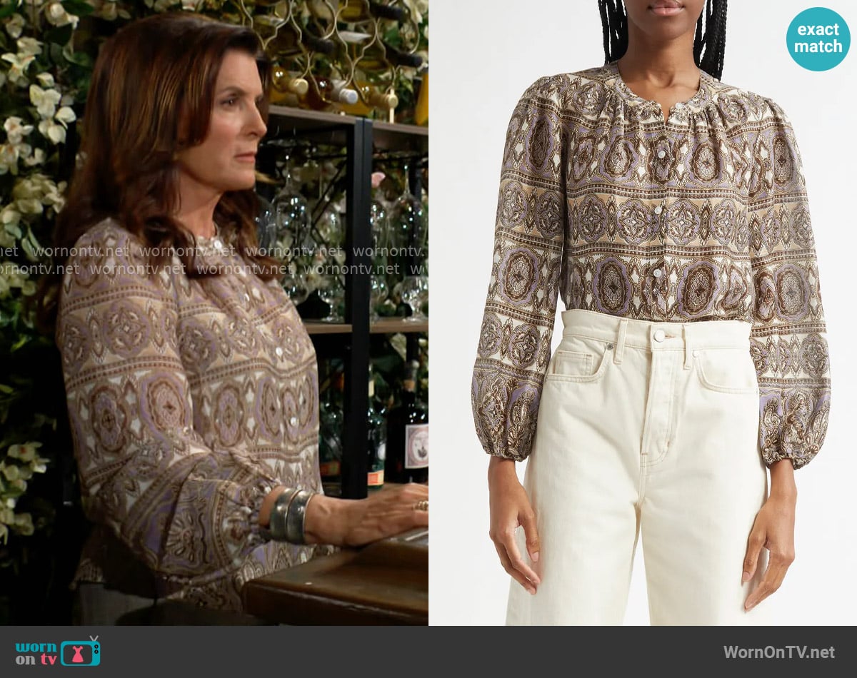 Veronica Beard Ashlynn Blouse in Stone Khaki Multi worn by Sheila Carter (Kimberlin Brown) on The Bold and the Beautiful