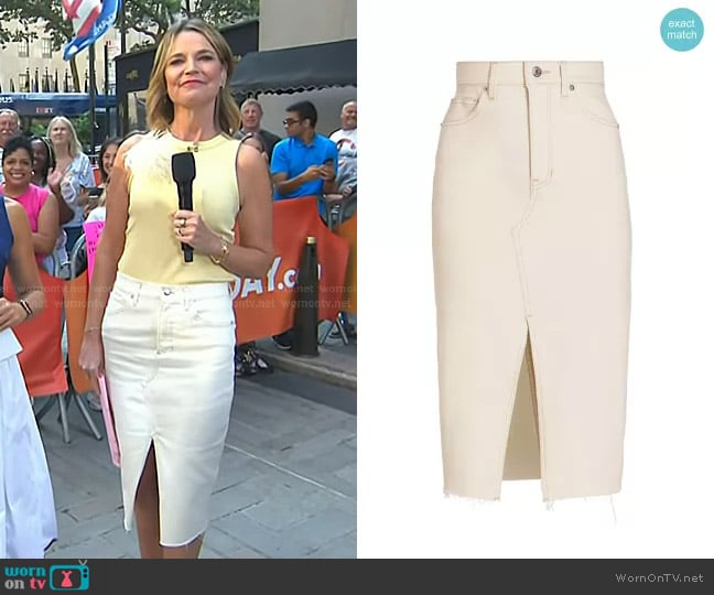 Veronica Beard Breves Denim Midi Skirt in Ecru worn by Savannah Guthrie on Today