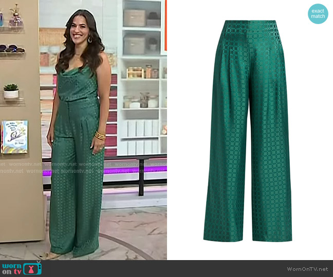 Veronica Beard Colter Geometric Print Satin Wide-Leg Pants in Clover worn by Janelle Lam on Today