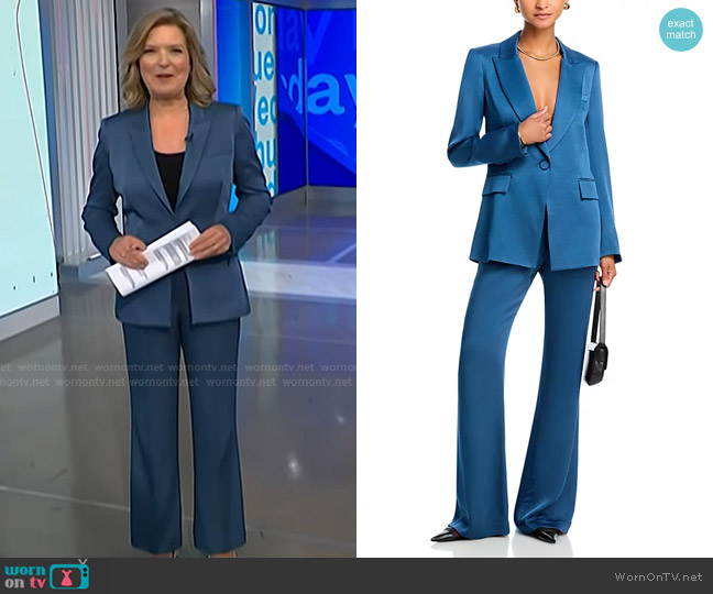 Veronica Beard Lebone Satin Wide Leg Pants in Blue Stone worn by Christine Romans on NBC News Daily