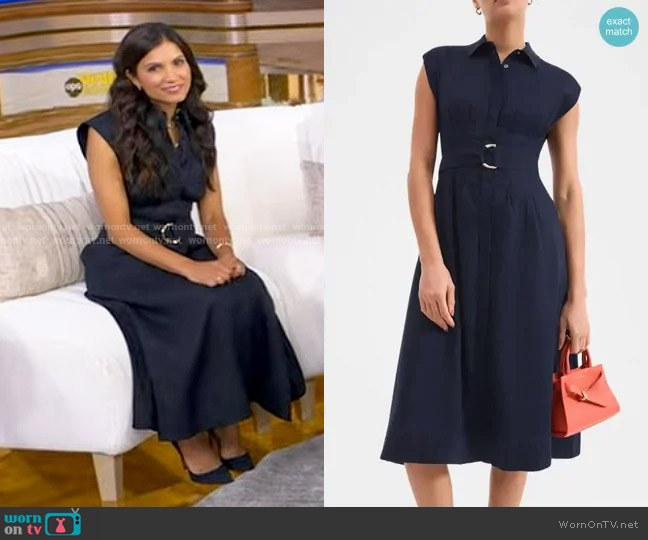 Veronica Beard Loreta Belted Linen Dress in Navy worn by Dr. Mona Potter on Good Morning America