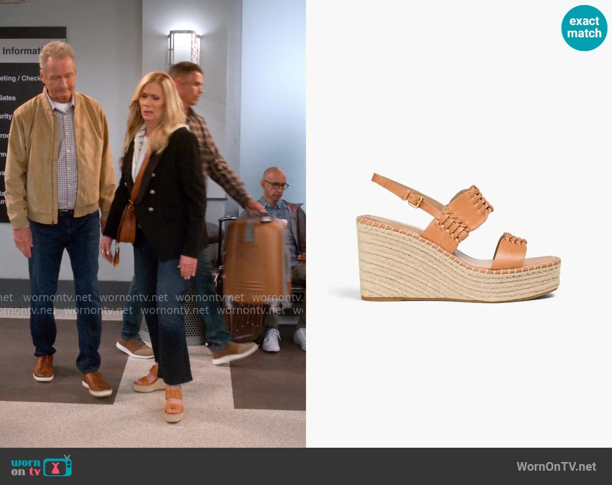 Veronica Beard Riya leather espadrille wedge sandals worn by Leanne Murphy (Leanne Morgan) on Leanne