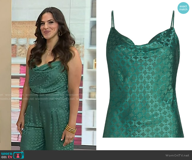 Veronica Beard Sola Cowl Neck Satin Camisole in Clover worn by Janelle Lam on Today