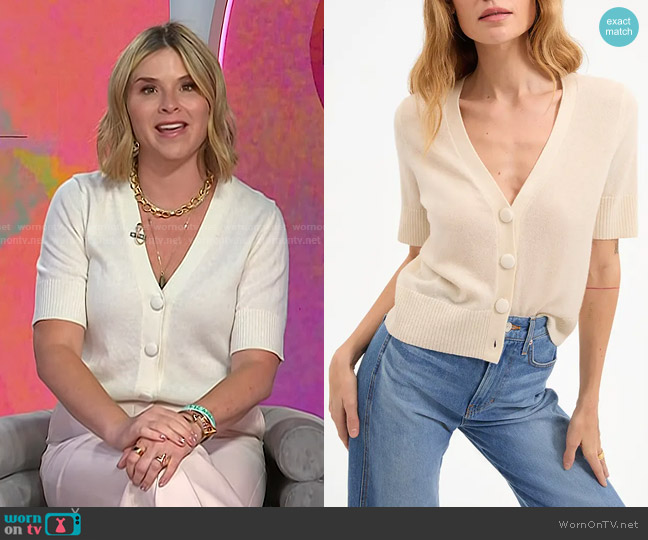 Veronica Beard Solene Short Sleeve Cashmere Cardigan in Ivory worn by Jenna Bush Hager on Today