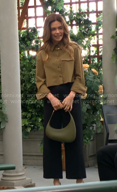 Victoria’s olive green cropped button down shirt on The Young and the Restless