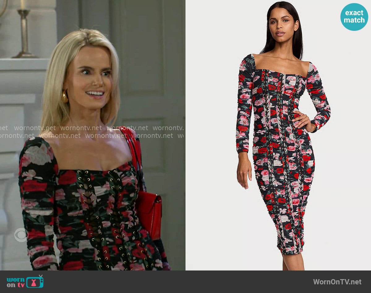Victorias Secret Noir Floral Shirred Mesh Lace-Up Midi Dress worn by Vanessa McBride (Lauren Buglioli) on Beyond the Gates