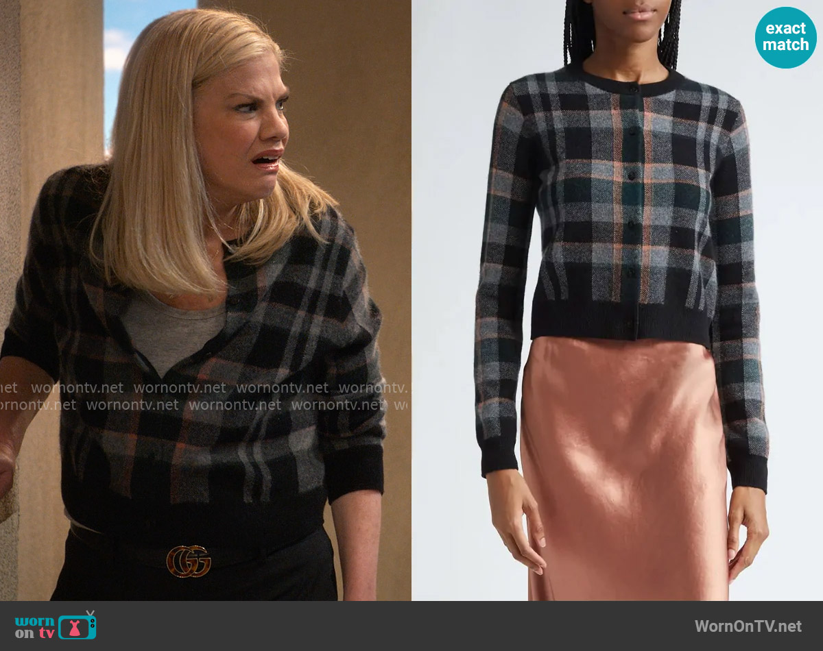 Vince Plaid Cashmere Cardigan worn by Carol (Kristen Johnston) on Leanne