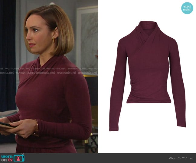 Vince Ruched Long-Sleeve Top in Black Rose worn by Gwen Rizczech (Emily O'Brien) on Days of our Lives