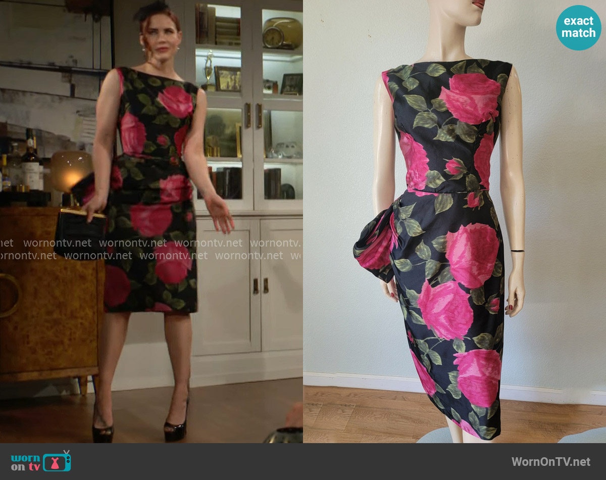 Vintage 1950s Satin Hourglass cocktail dress with sculptural side pleating and drape/bow worn by Sally Spectra (Courtney Hope) on The Young and the Restless