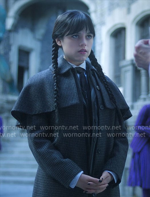 Wednesday’s grey houndstooth coat on Wednesday
