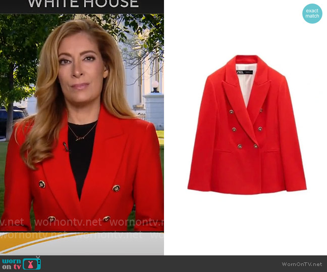 Zara Double Breasted Pique Blazer worn by Debra Alfarone on CBS Mornings