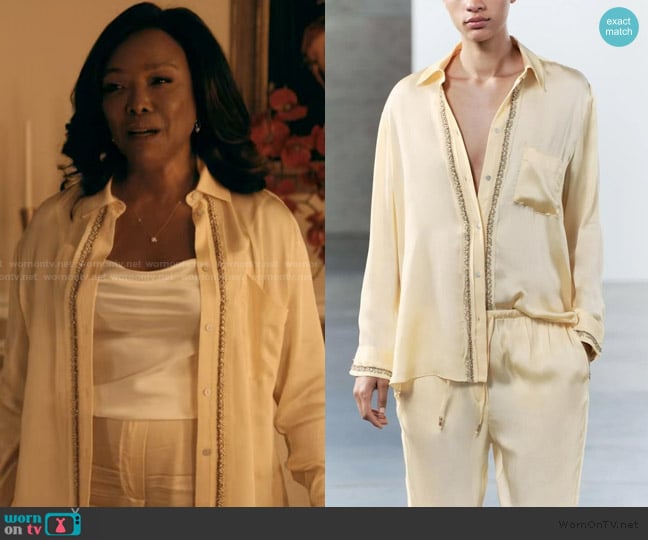 Zara Embroidered Satin Effect Shirt and Pants worn by Alicia (Lynn Whitfield) on The Chi