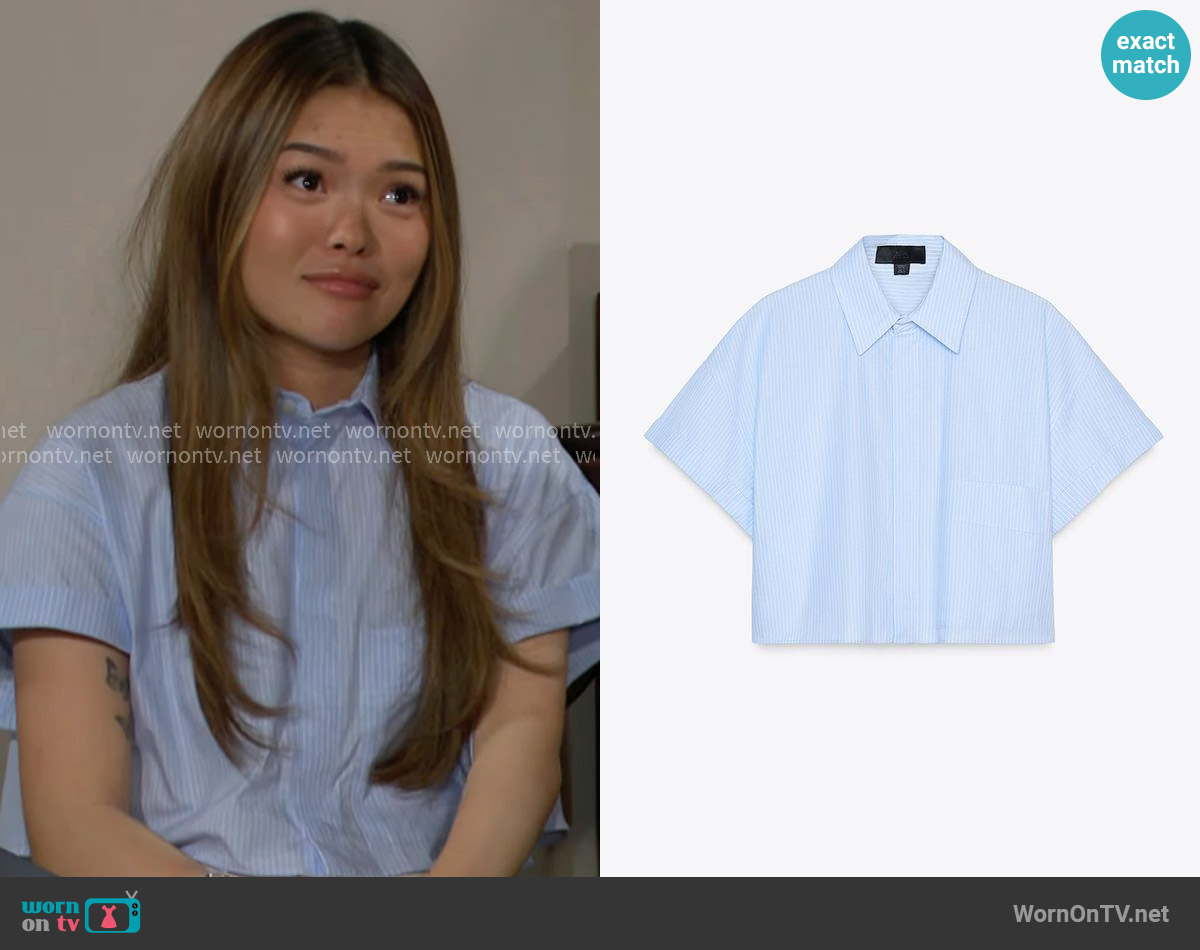 Zara Poplin Crop Shirt in White / Sky Blue worn by Luna (Lisa Yamada) on The Bold and the Beautiful