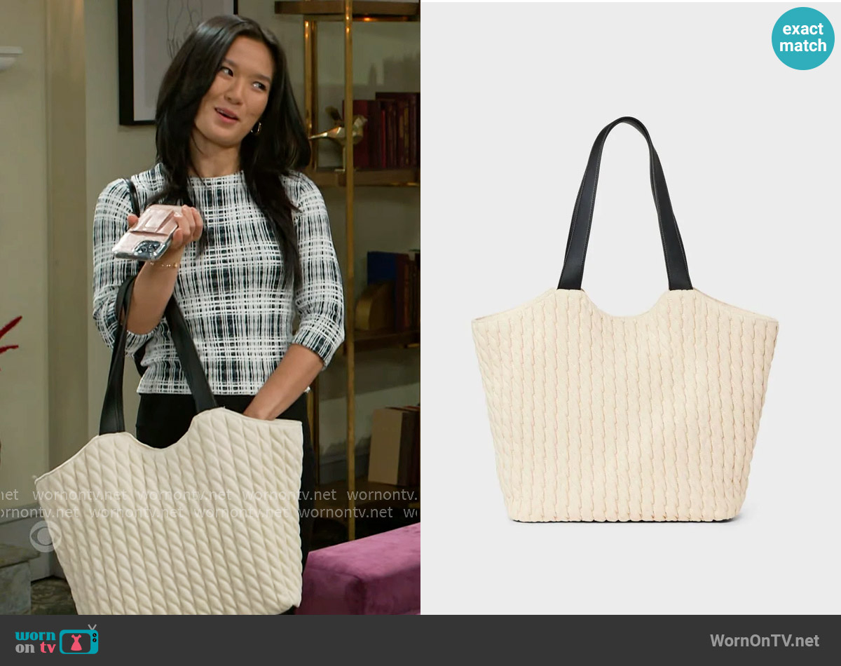 A New Day Quilted Shopper Tote worn by Caroline Lee (Ellie Wang) on Beyond the Gates