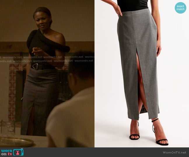 Abercrombie & Fitch Mid Rise Pencil Maxi Skirt in Gray Pinstripe worn by Jax Stewart (Emayatzy Corinealdi) on Reasonable Doubt