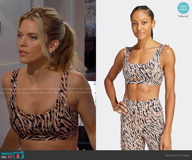 Adidas Coreflow Studio Medium Support Bra in Clay Strata worn by Catherina Greene (AnnaLynne McCord) on Days of our Lives