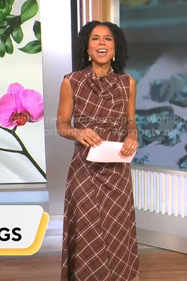 Adriana Diaz’s brown plaid cowl-neck dress on CBS Mornings