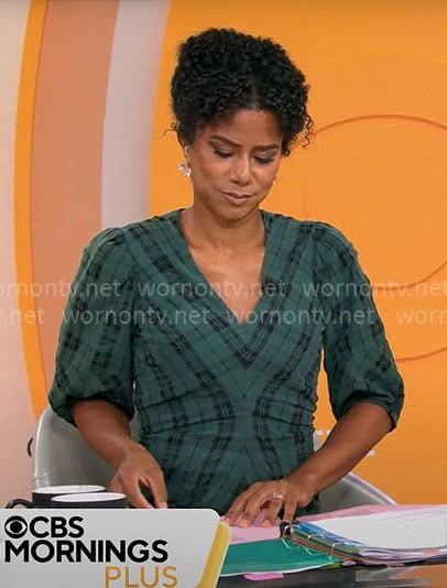 Adriana Diaz’s green plaid v-neck dress on CBS Mornings