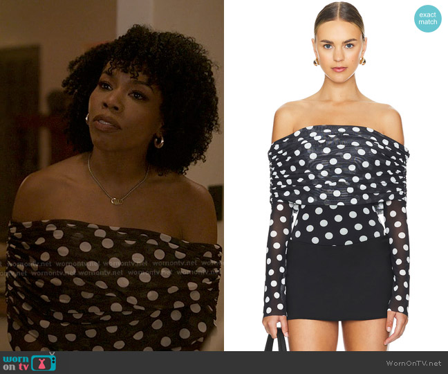 AFRM Maxine Bodysuit in Diagonal Dot worn by Monica Wilson (Brandee Evans) on Reasonable Doubt