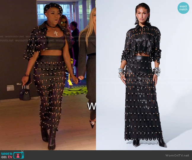 Akira The Sneak Peek Studded PU Blouse in Black worn by Guerdy Abraira (Guerdy Abraira) on The Real Housewives of Miami