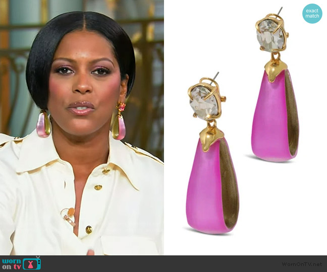 Alexis Bittar Bonbon crystal lucite teardrop hoop earrings worn by Tamron Hall on Tamron Hall Show