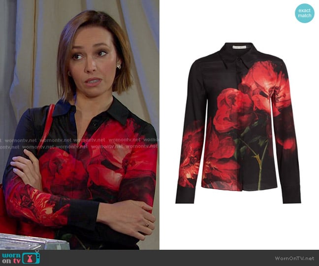 Alice + Olivia Brady Slim Silk Blouse in Peony Petals Bright Ruby worn by Gwen Rizczech (Emily O'Brien) on Days of our Lives