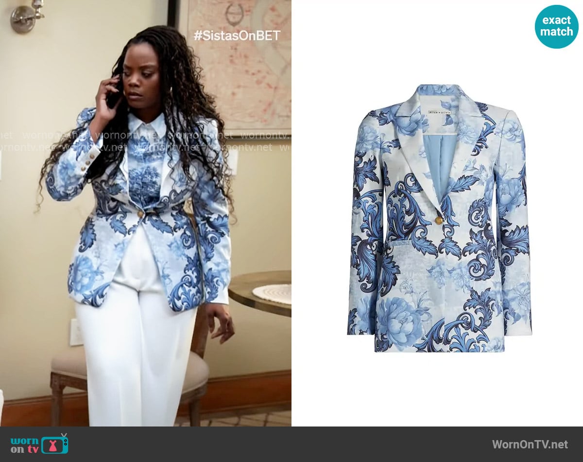 Alice + Olivia Breann Blazer in Scroll Symphony worn by Sabrina Hollins (Novi Brown) on Tyler Perrys Sistas