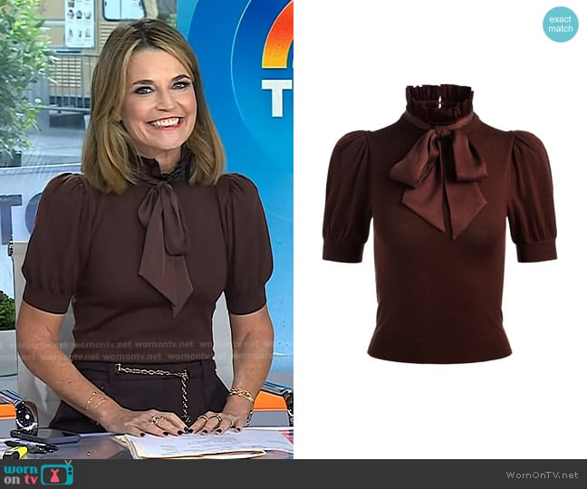 Alice + Olivia Chase Puff Sleeve Sweater in Dark Chocolate worn by Savannah Guthrie on Today