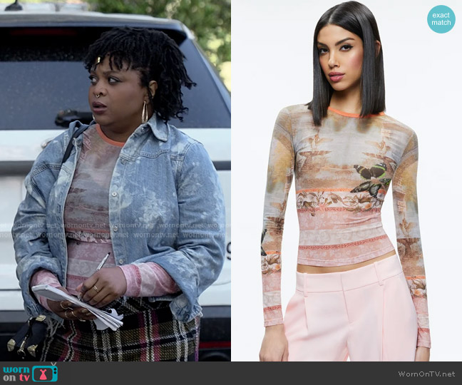 Alice + Olivia Delaina Mesh Top in versailles worn by Adelola Olofin (Gbemisola Ikumelo) on The Paper