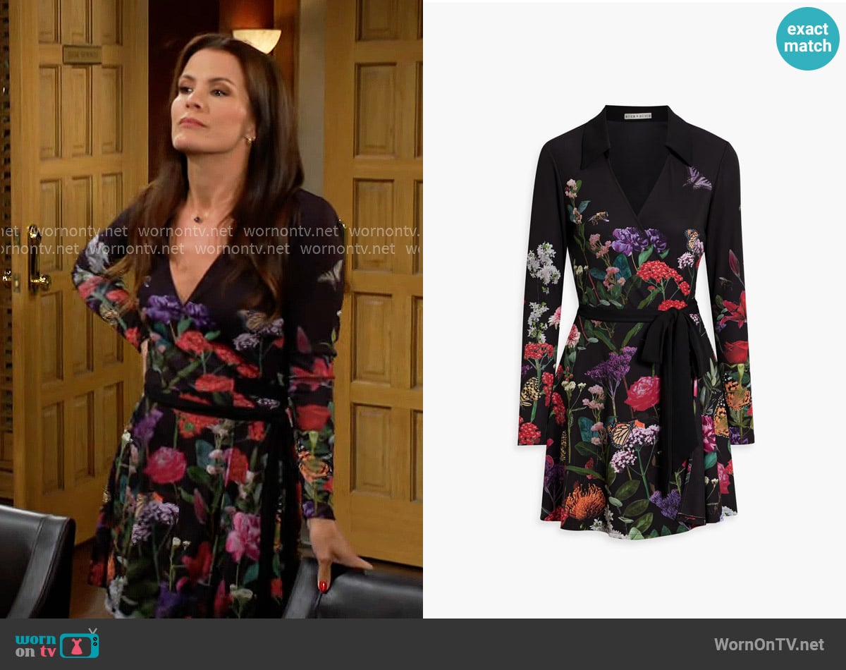 Alice + Olivia Millicent floral-print crepe mini wrap dress worn by Chelsea Lawson (Melissa Claire Egan) on The Young and the Restless