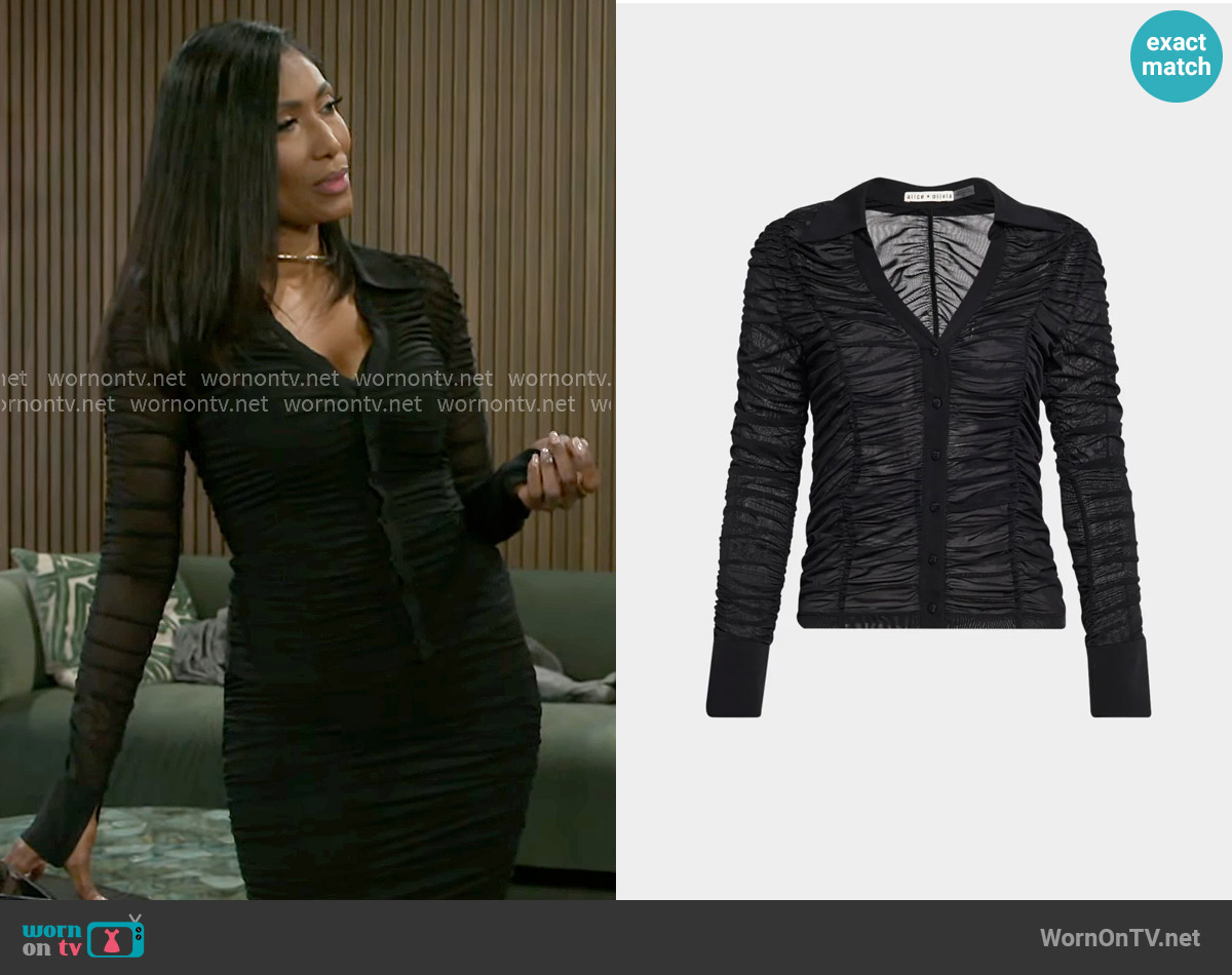 Alice + Olivia Portia Fitted Mesh Button-Front Shirt worn by Dana 'Leslie' Thomas (Trisha Mann-Grant) on Beyond the Gates