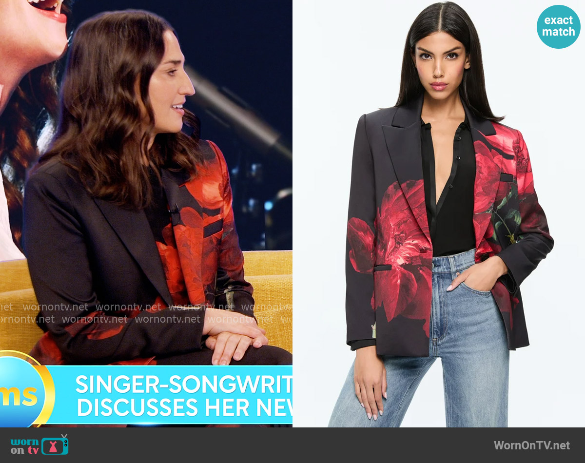 Alice + Olivia Silas Floral Silk Blazer in Peony Petals Bright Ruby worn by Sara Bareilles (Sara Bareilles) on The Morning Show
