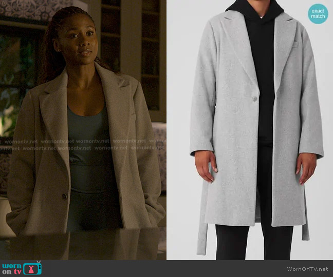 Alo Wool Gameday Overcoat in Athletic Heather Grey worn by Jax Stewart (Emayatzy Corinealdi) on Reasonable Doubt