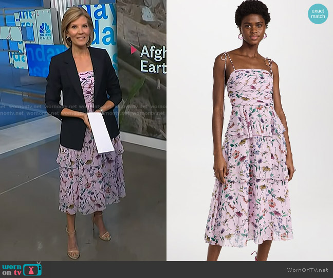 Amur Acacia Tie Strap Ruffle Dress in Lilac Lily Dreamy Wildflower worn by Kate Snow on NBC News Daily