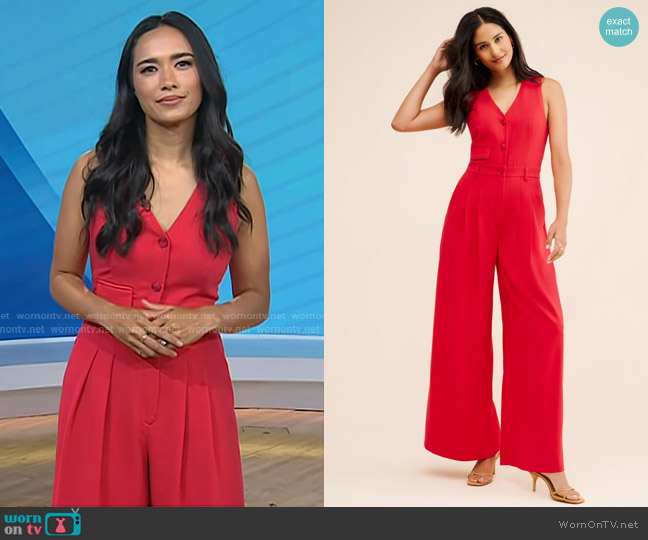 Anthropologie Avery Suited Jumpsuit in Bright Red worn by Emilie Ikeda on Today