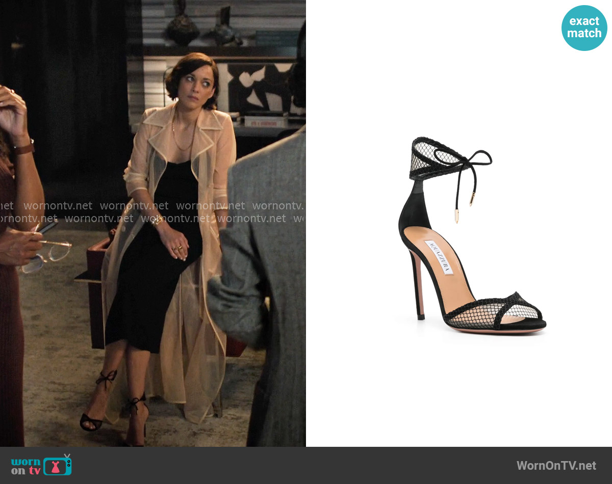 Aquazzura 95mm mesh-panelling sandals worn by Celine Dumont (Marion Cotillard) on The Morning Show