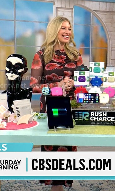 Ashley Bellman’s red floral ruched dress on CBS Mornings