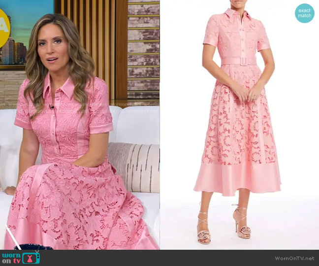 Badgley Mischka Collection Belted Floral Lace & Mikado Cocktail Dress in Peony worn by Rhiannon Ally on Good Morning America