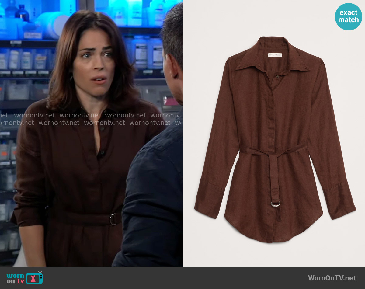 Banana Republic Linen Belted Tunic Shirt in Espresso Brown worn by Britt Westbourne (Kelly Thiebaud) on General Hospital