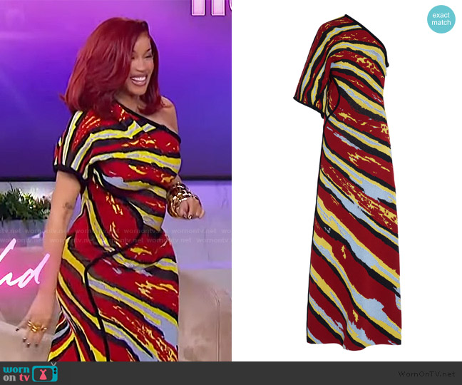 Bottega Veneta One-Shoulder Jacquard-Knit Maxi Dress worn by Cardi B on The Jennifer Hudson Show