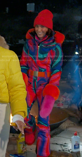 Bronwyn’s multicolor marble print ski suit on The Real Housewives of Salt Lake City