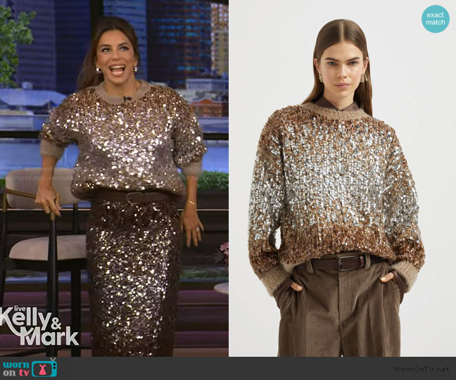 Brunello Cucinelli Dazzling Embroidery sweater worn by Eva Longoria Baston on Live with Kelly and Mark