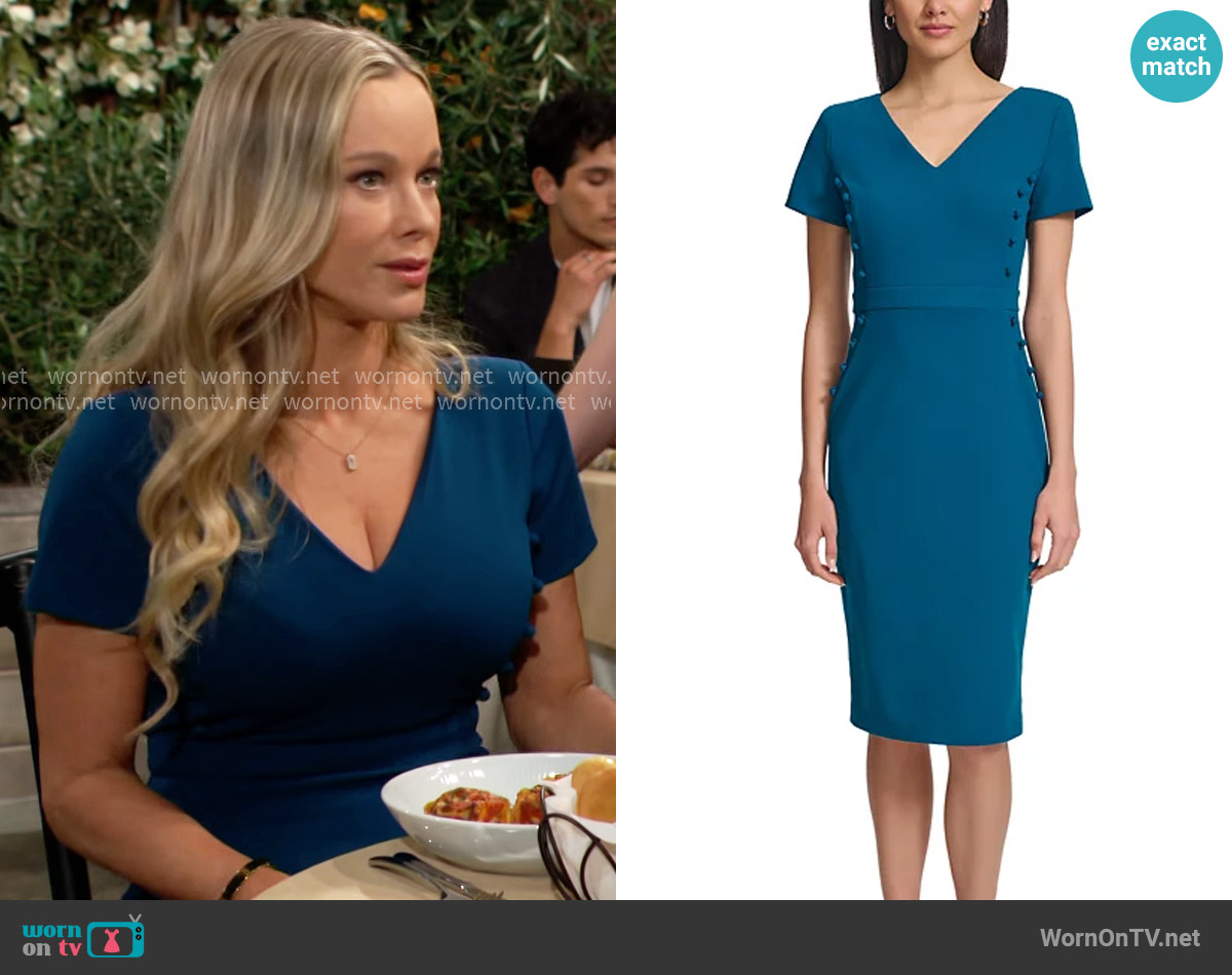 Calvin Klein Short-Sleeve V-Neck Sheath Dress in Cypress worn by Donna Logan (Jennifer Gareis) on The Bold and the Beautiful